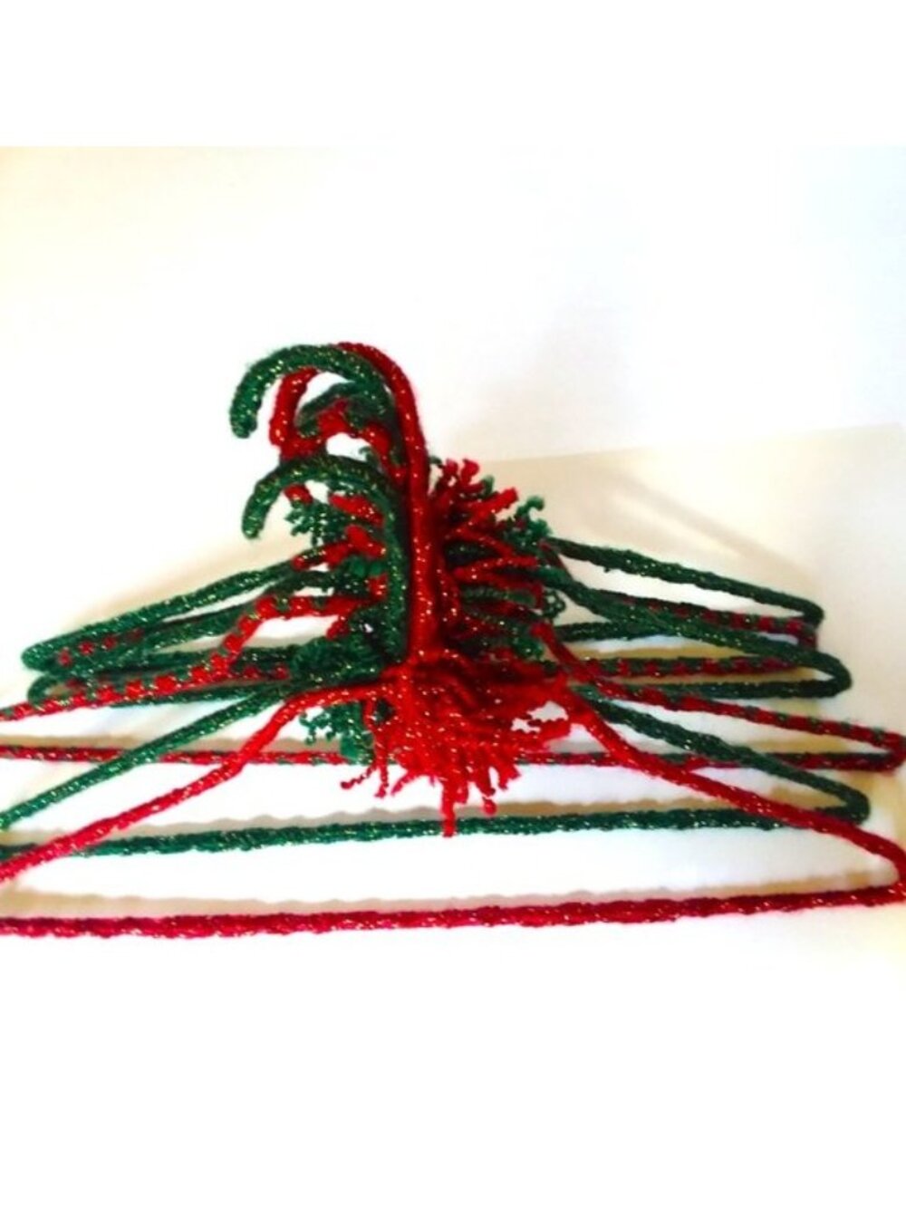 6 VTG 70s Crocheted Hangers Christmas Pom Poms Handmade Metal Retro Granny Knit